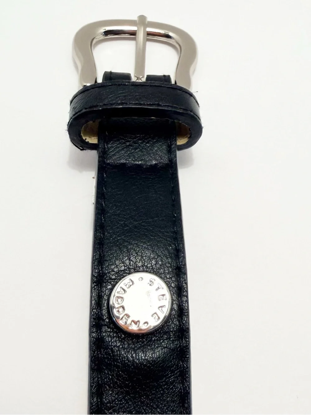 Steve Madden Black Slim Leather Belt with Silver Buckle